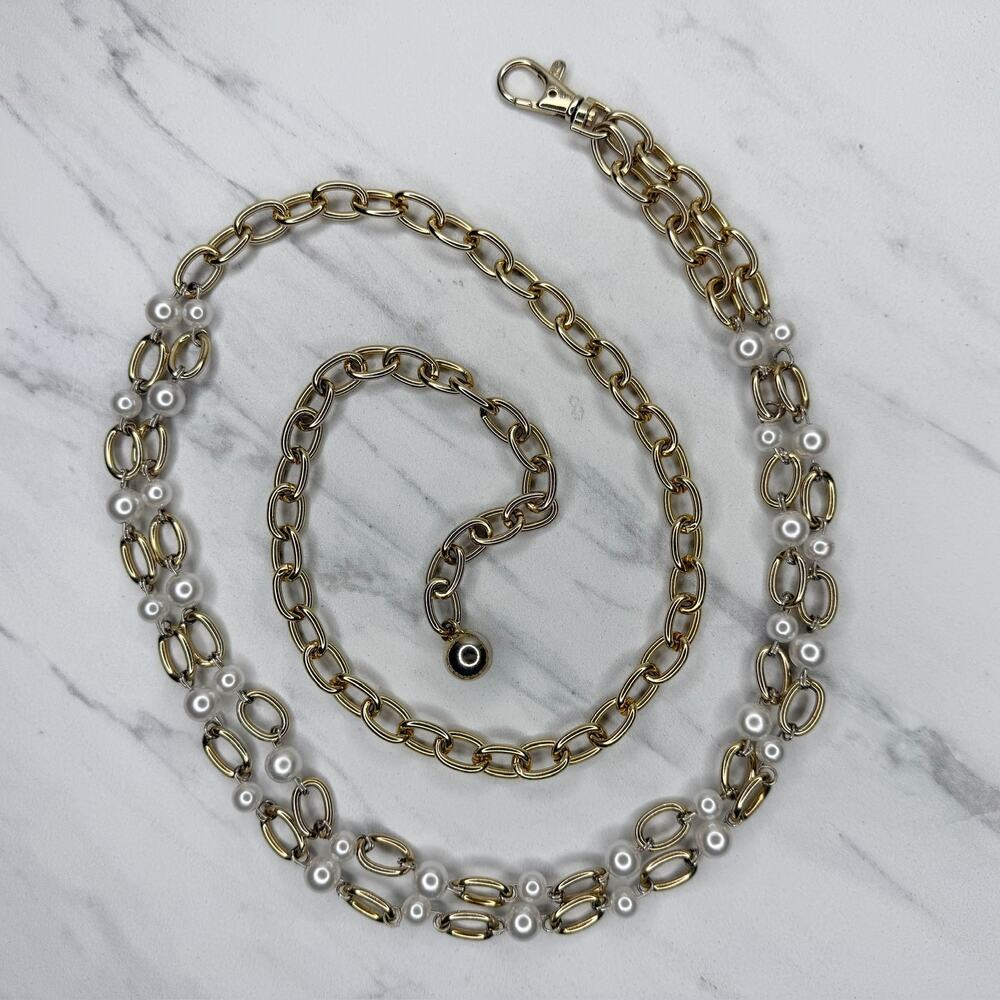 Faux Pearl Gold Tone Chain Belt Double Strand One Size (OS) ✨